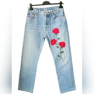 Vintage ABS Allen Schwartz  Jeans Embroidered Roses rhinestones Blue 8 Grunge